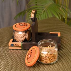 Unravel India Glass & Mango Wood Carving Jars With Wooden Stand (Set of 2)