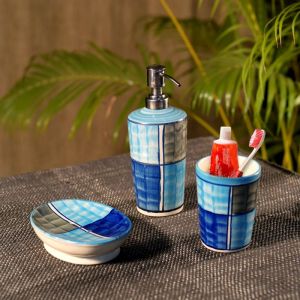 Unravel India Ceramic/ Stoneware Combo of Soap Dispenser, Tooth Brush Holder and Dish