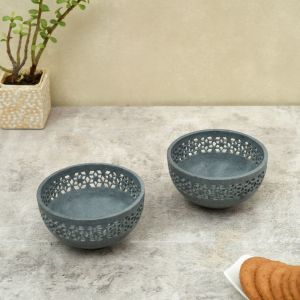 Unravel India Handcarved grey dry fruits serving platter in Soap Stone(Set of 2)