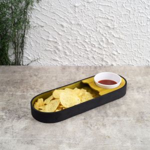 Unravel India handmade bamboo serving platter with serving bowl(Olive Green & Black)