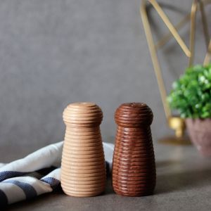 Unravel India "Ripple Wood" handcrafted salt & pepper shaker in Mango Wood