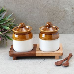 Unravel India "Old Fashioned Chutney & Pickel" ceramic Martaban Jar set with "Wood Fusion" base tray in Mango & Sheesham Wood(2 Jar, 1 Tra, 2 Spoon)
