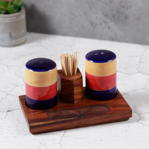 Unravel India "Salt & Pepper" Shaker with tooth pick holder in sheesham wooden tray