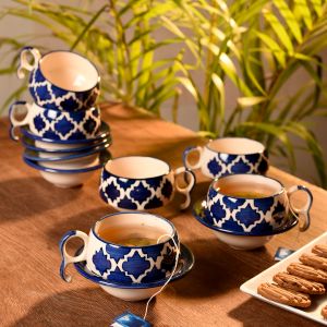 Unravel India Moroccan handpainted chirag ceramic Cup Saucer(Set of 6)