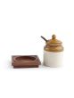 Unravel India Ceramic Pickle jar & Spoon Set with Wooden Base Stand